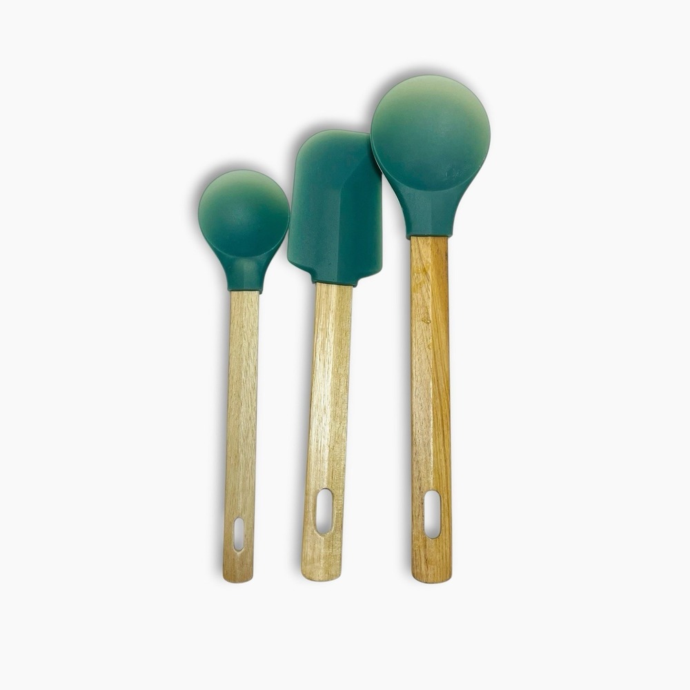 3 Pcs Ikea Backroding Silicone Spoon Spatula Set Wood Handle Mixing Teal Blue